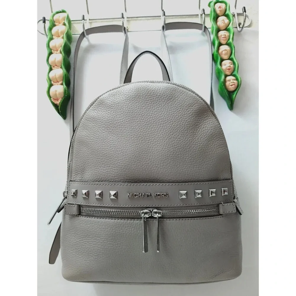 Michael Kors Kenly Pear Gray Pebbled Leather Studded Zip Pocket Backpack - $368